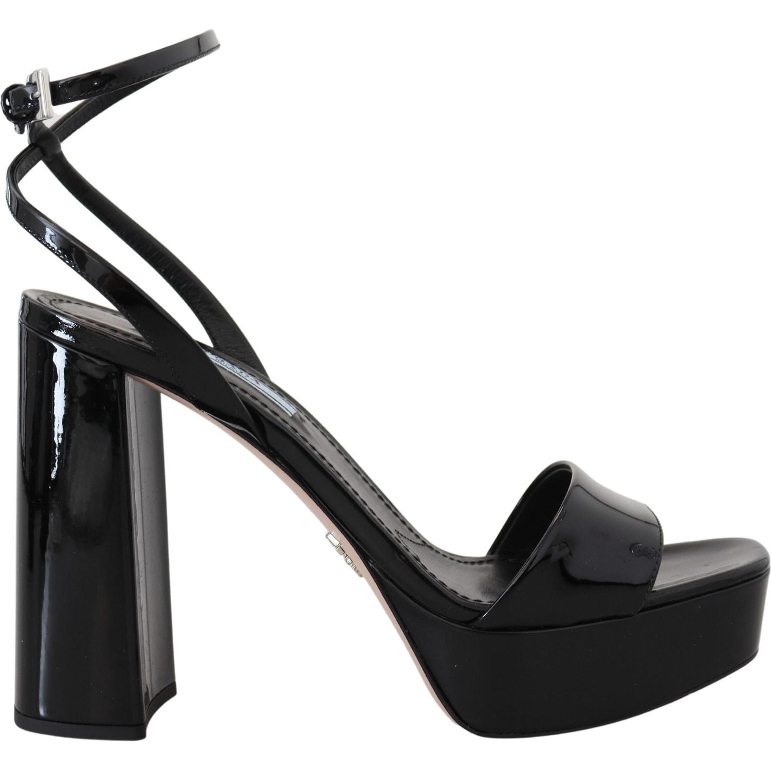 Prada Black Patent Sandals Ankle Strap Heels Leather