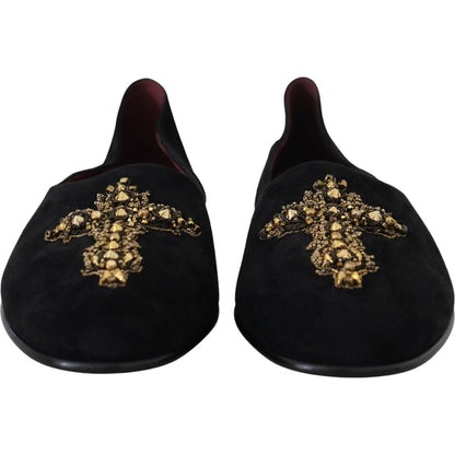 Dolce & Gabbana Black Suede Gold Cross Slip On Loafers Shoes