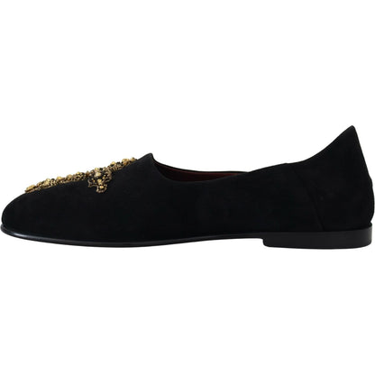 Dolce & Gabbana Black Suede Gold Cross Slip On Loafers Shoes