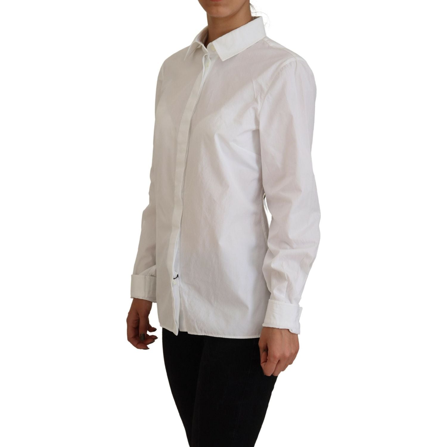Dolce & Gabbana White Cotton Collared Long Sleeves Formal Top