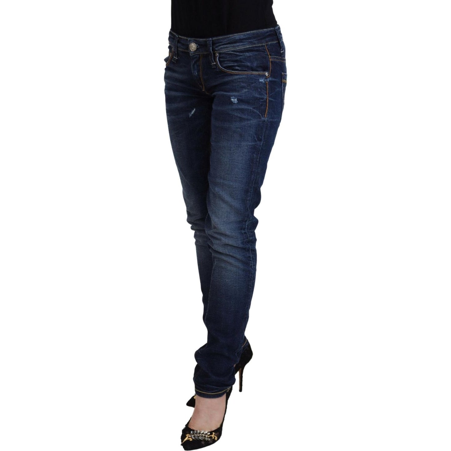 Acht Blue Washed Cotton Low Waist Women Casual Jeans