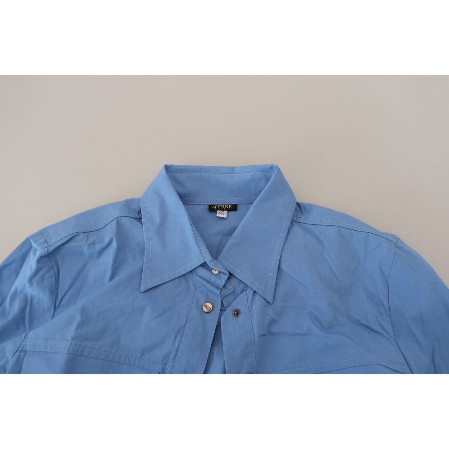 Ferre Blue Cotton Long Sleeves Collared Button Down Top