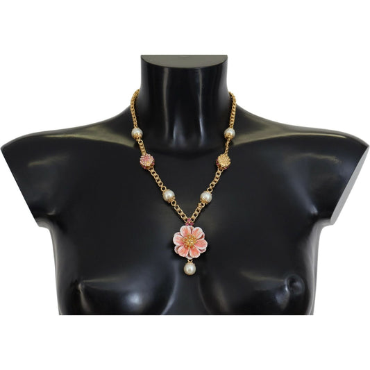 Dolce & Gabbana Gold Tone Floral Crystals Pink Embellished Necklace Necklace