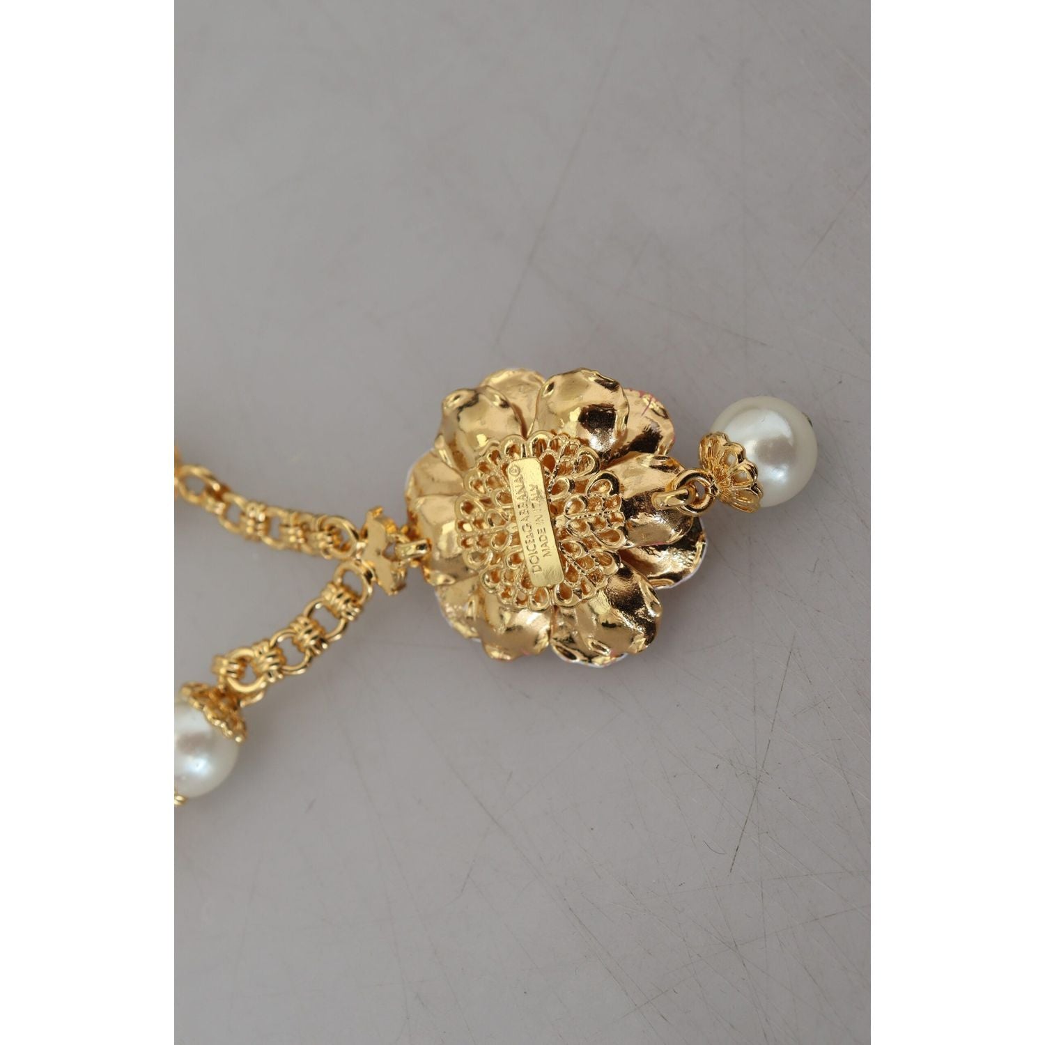 Dolce & Gabbana Gold Tone Floral Crystals Pink Embellished Necklace