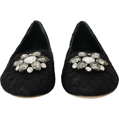 Dolce & Gabbana Black Taormina Lace Crystals Flats Shoes
