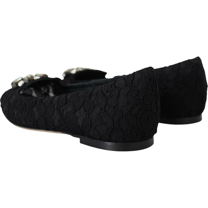Dolce & Gabbana Black Taormina Lace Crystals Flats Shoes