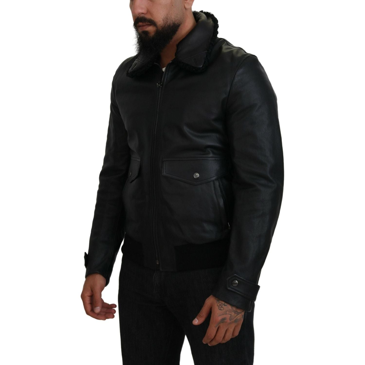Dolce & Gabbana Black Lamb Leather Collared Men Coat Jacket