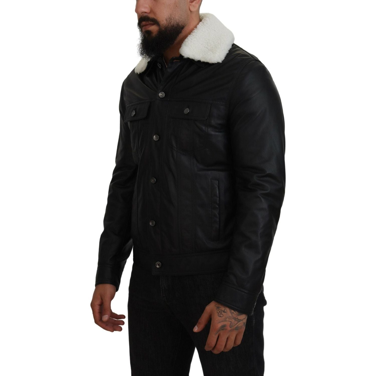 Dolce & Gabbana Black Lamb Leather Collared Men Coat Jacket