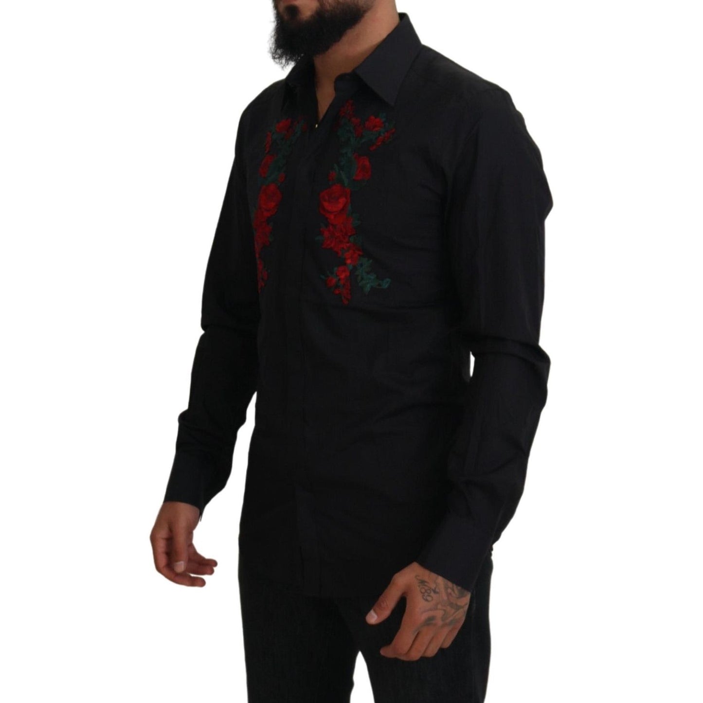 Dolce & Gabbana Black Floral Embroidery Men Long Sleeves GOLD Shirt