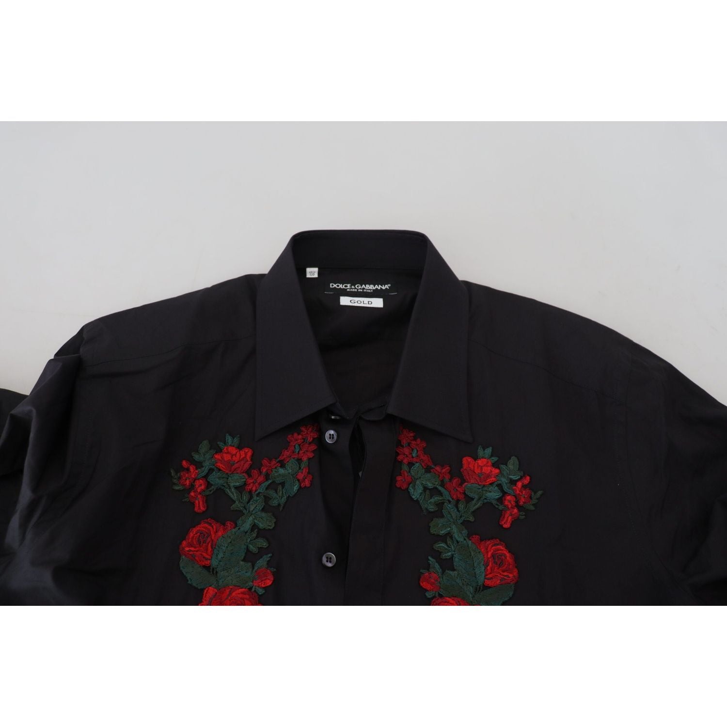 Dolce & Gabbana Black Floral Embroidery Men Long Sleeves GOLD Shirt