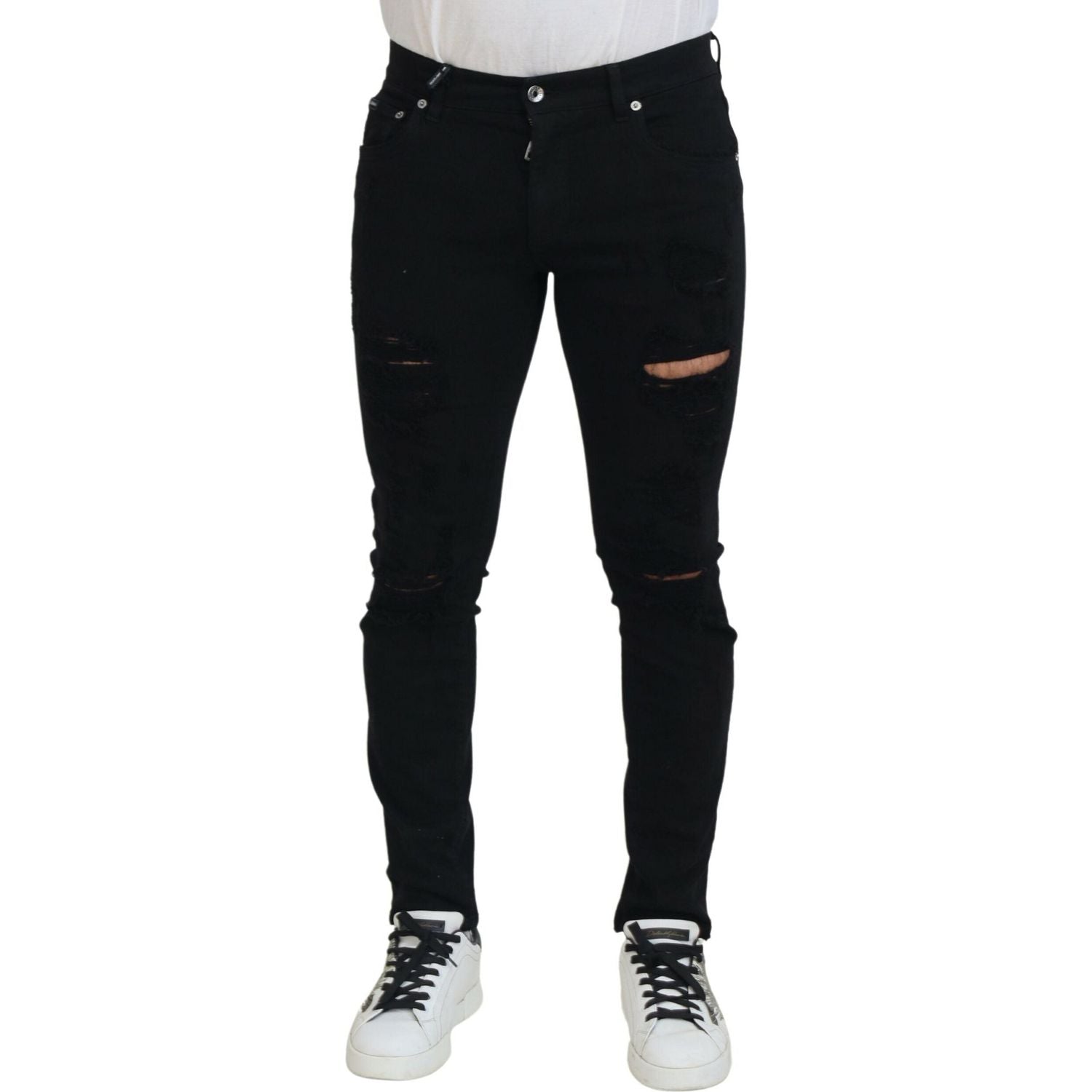 Dolce & Gabbana Black Slim Fit Tattered Denim Cotton Jeans