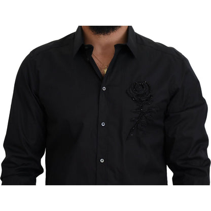 Dolce & Gabbana Black Roses Slim Fit Cotton Shirt