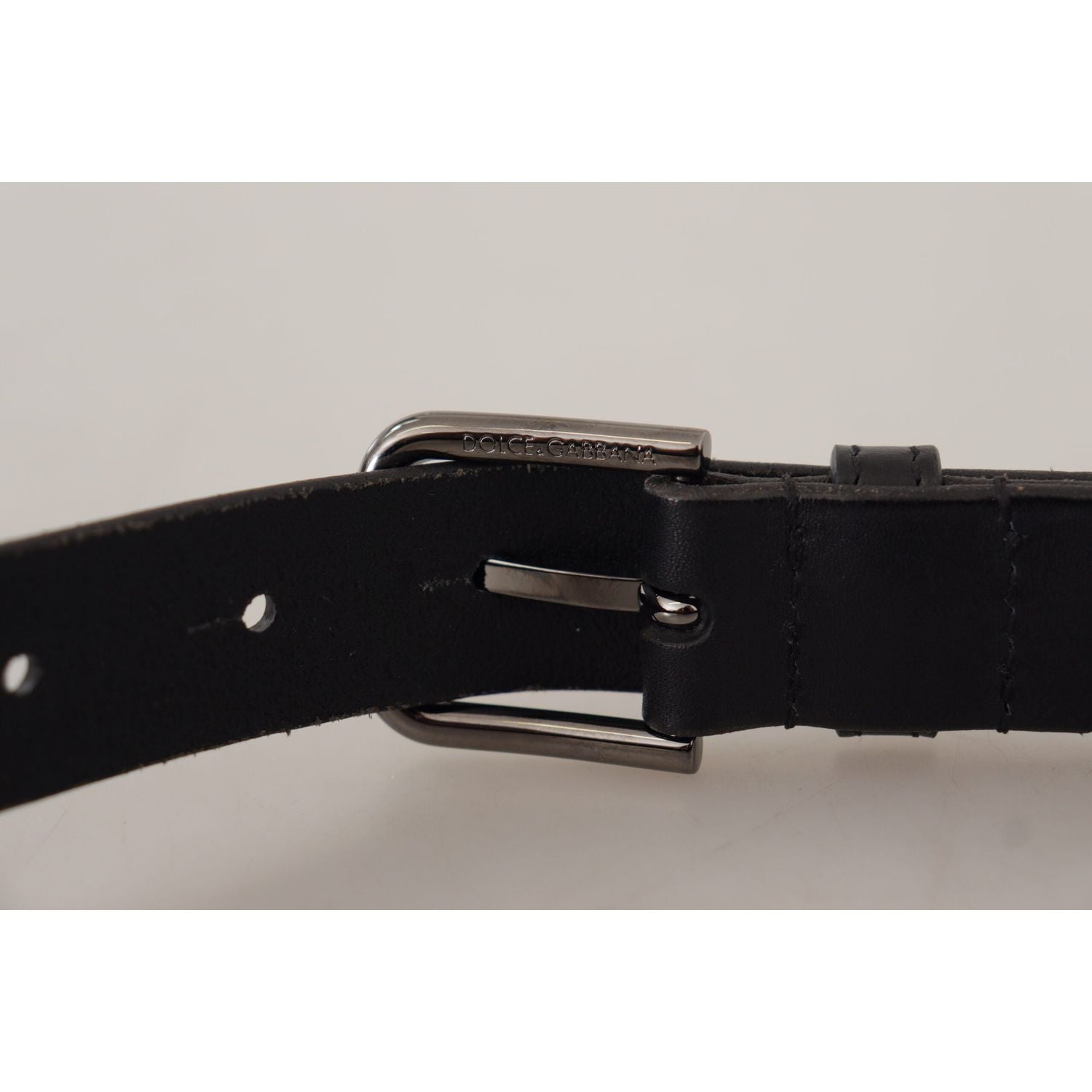 Dolce & Gabbana Black Calf Leather Logo Engraved Metal Buckle Belt