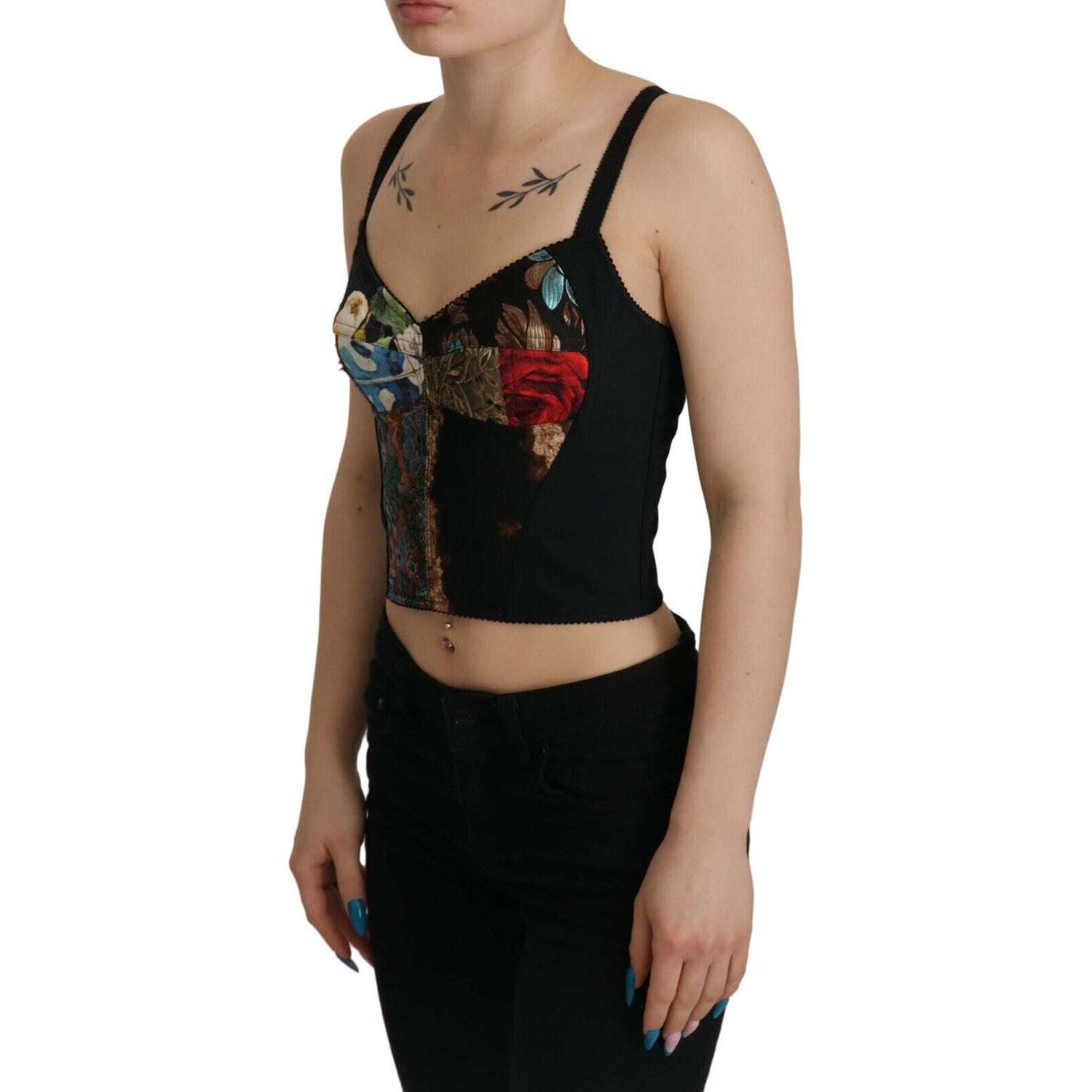 Dolce & Gabbana Black Patchwork Sicily Blouse Corset Cropped Top