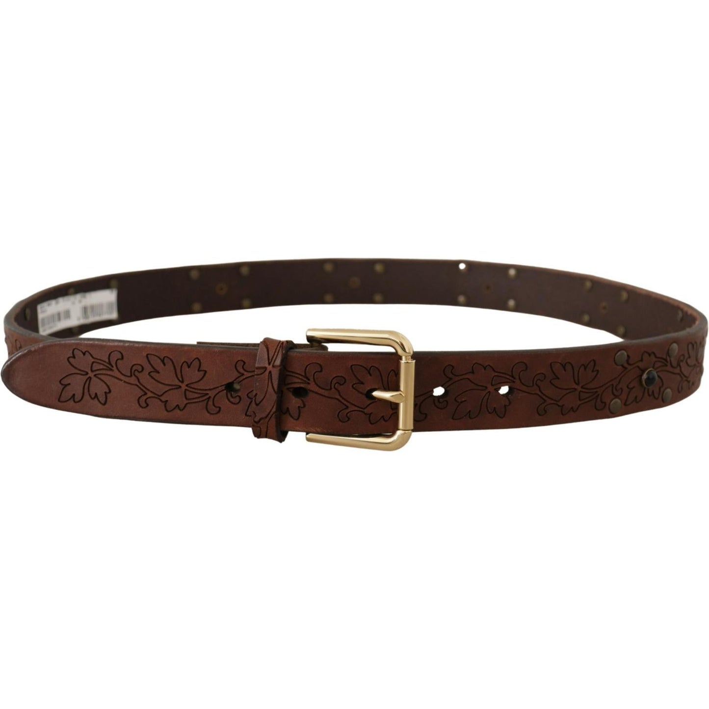 Dolce & Gabbana Brown Leather Floral Studded Metal Buckle Belt