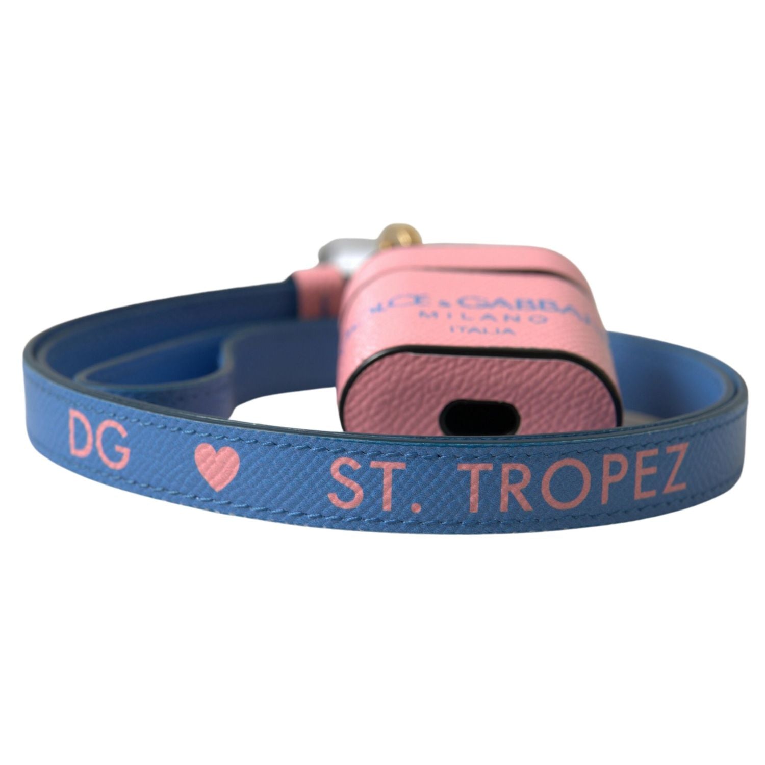 Dolce & Gabbana Pink Blue Calf Leather Logo Print Strap Airpods Case