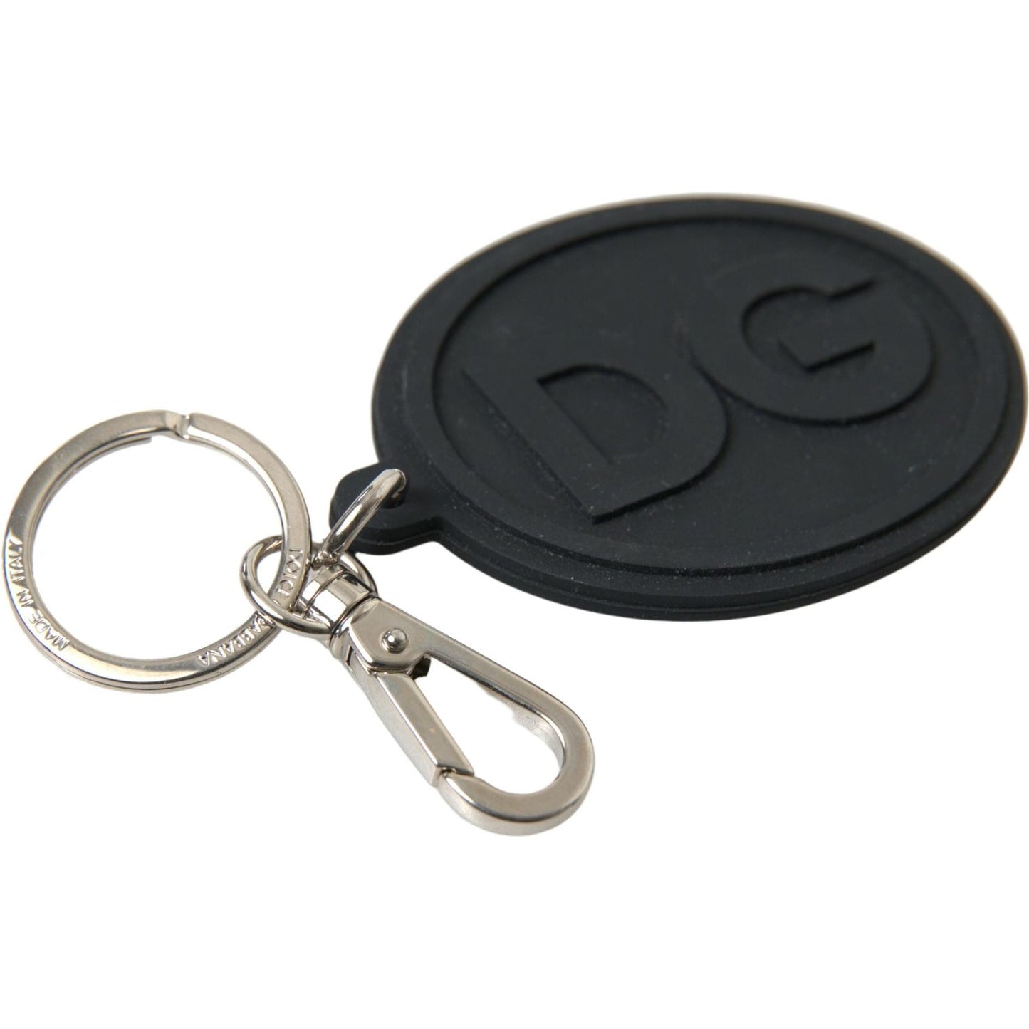 Dolce & Gabbana Black Rubber DG Logo Silver Brass Metal Keychain