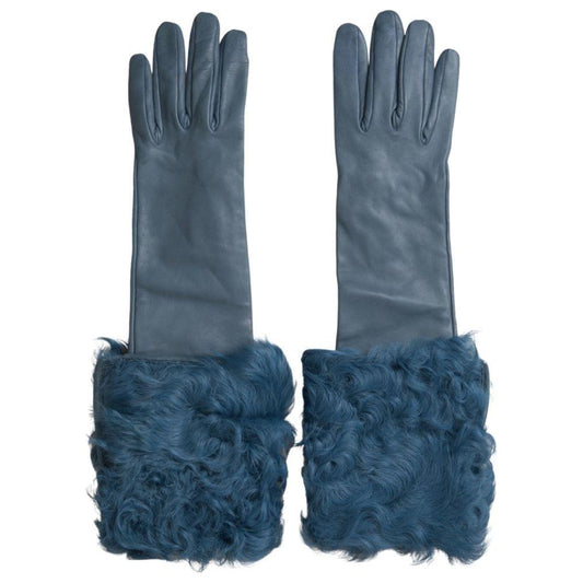 Dolce & Gabbana Blue Leather Fur Mid Arm Length Gloves