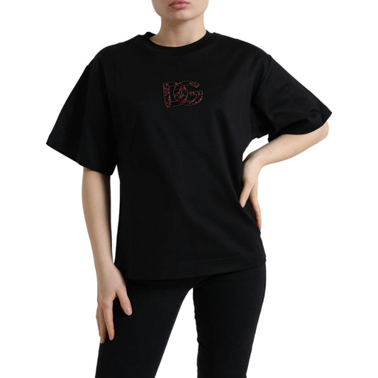Dolce & Gabbana Black Cotton DG Crystal Crewneck Tee T-shirt