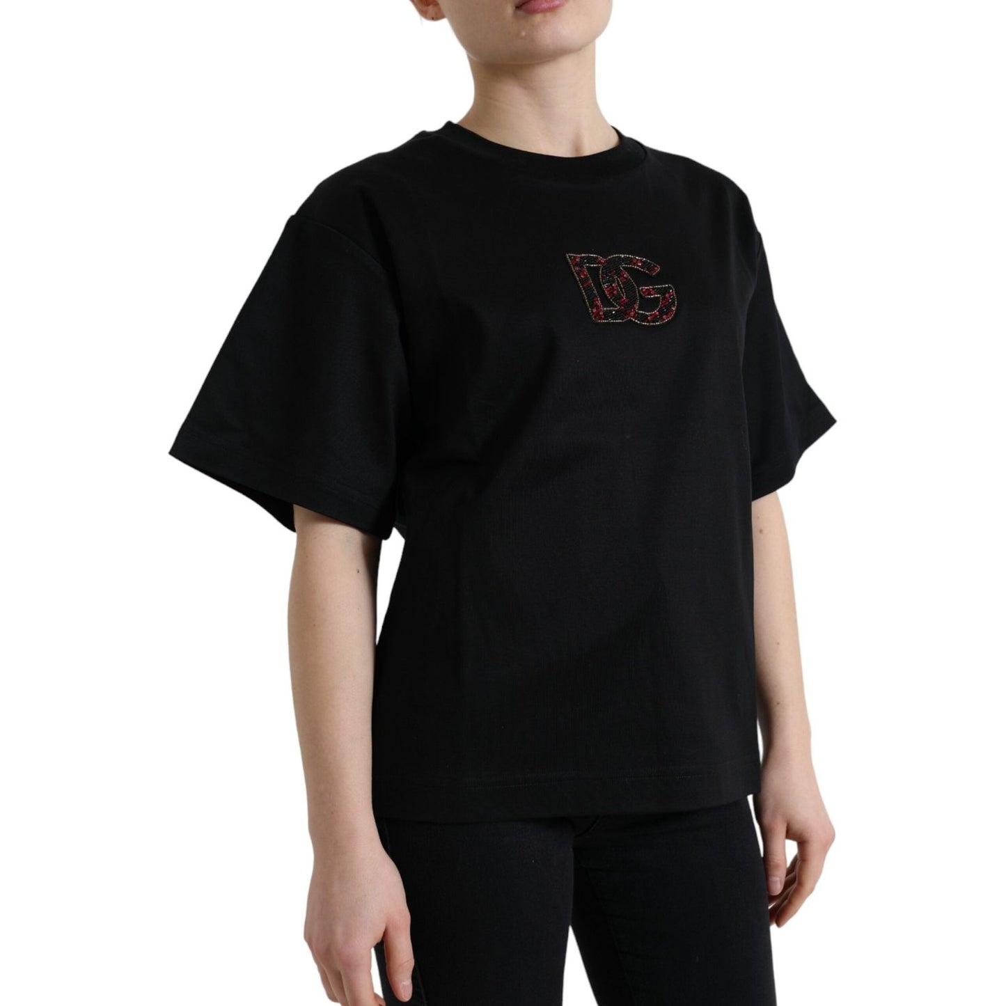 Dolce & Gabbana Black Cotton DG Crystal Crewneck Tee T-shirt