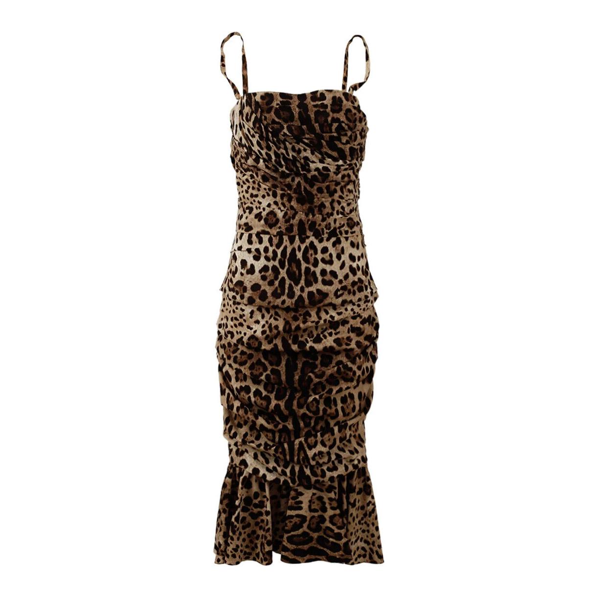 Dolce & Gabbana Brown Leopard Print Ruched Midi Dress DR28713 -36