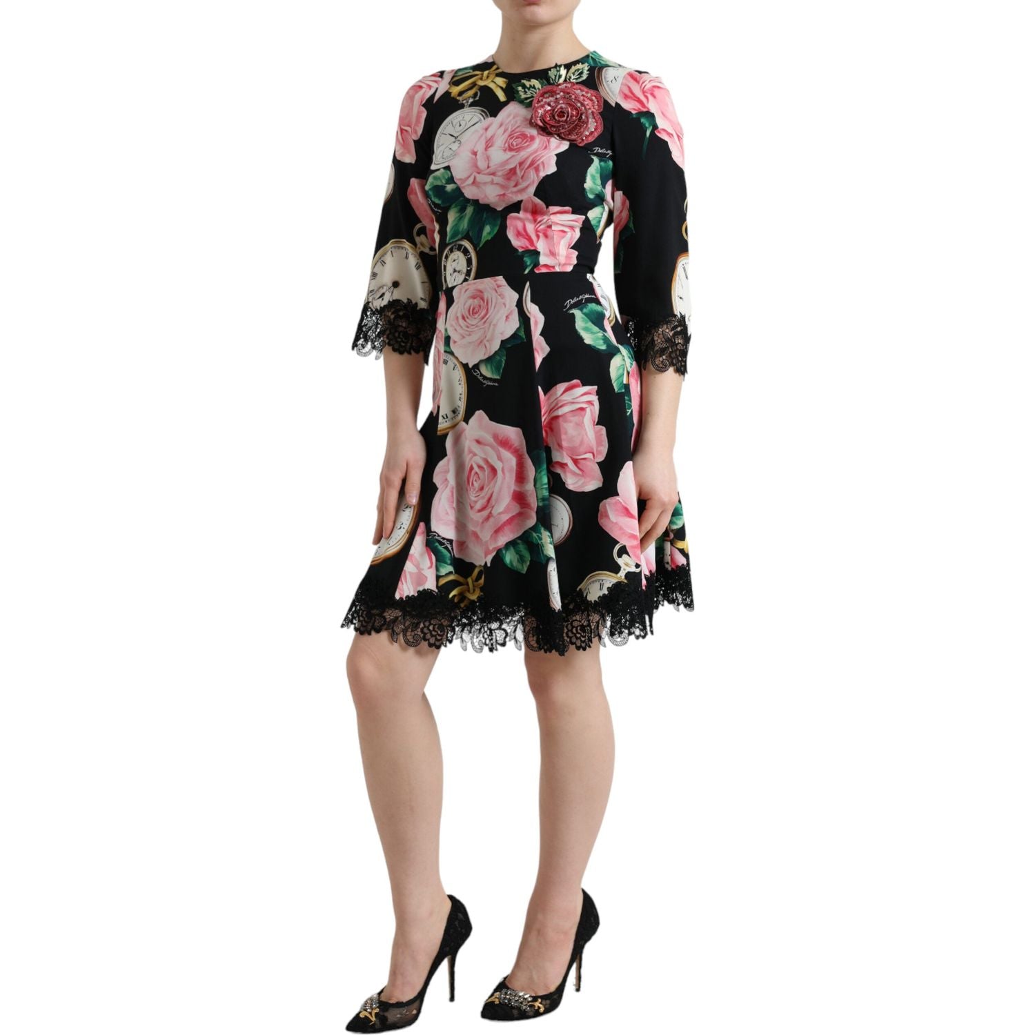 Dolce & Gabbana Black Floral Embellished Lace A-line Dress