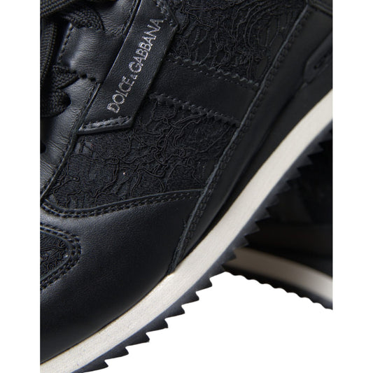 Dolce & Gabbana Black Floral Lace Leather Sneakers Shoes LA10369-36