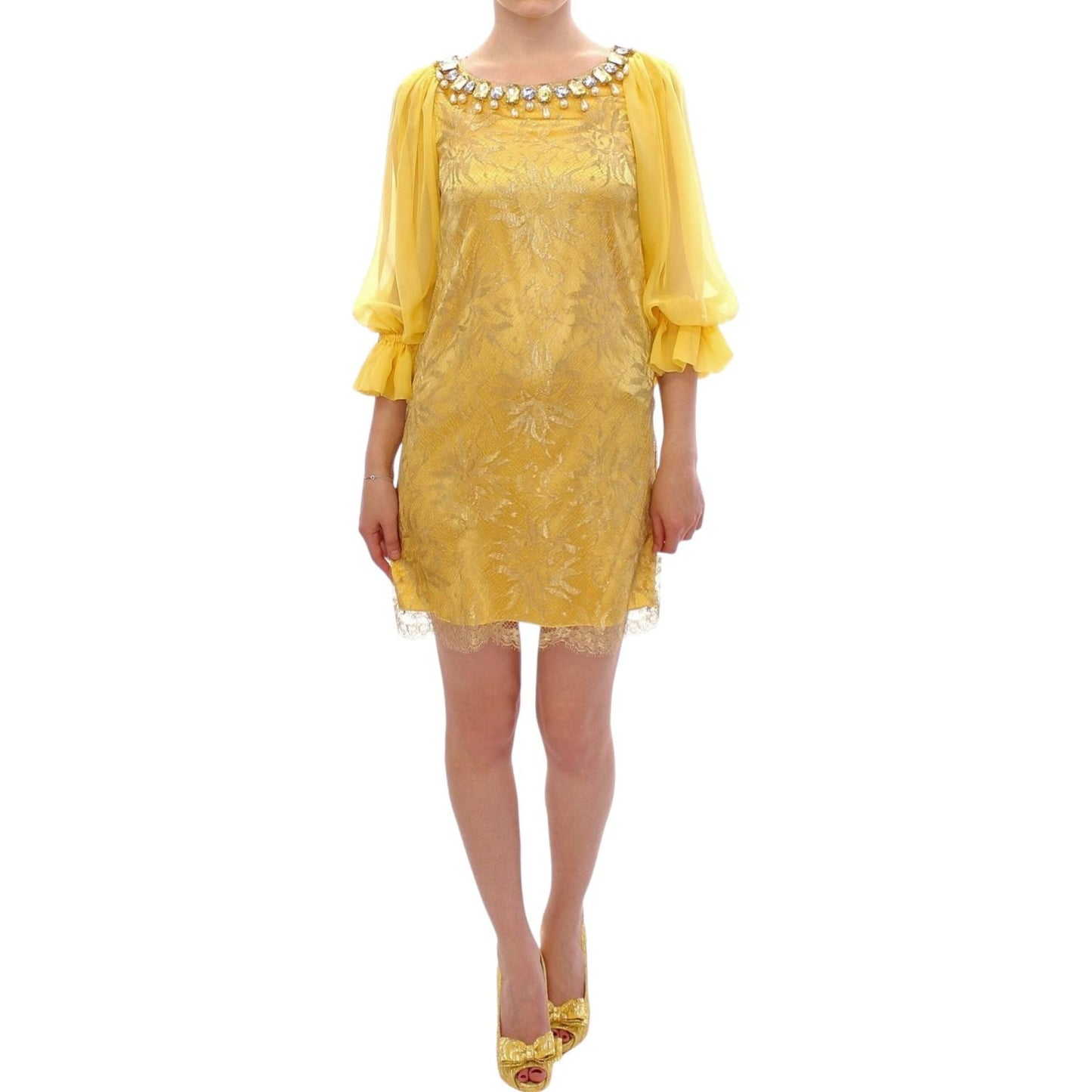 Dolce & Gabbana Yellow lace crystal mini dress GSS10005-2