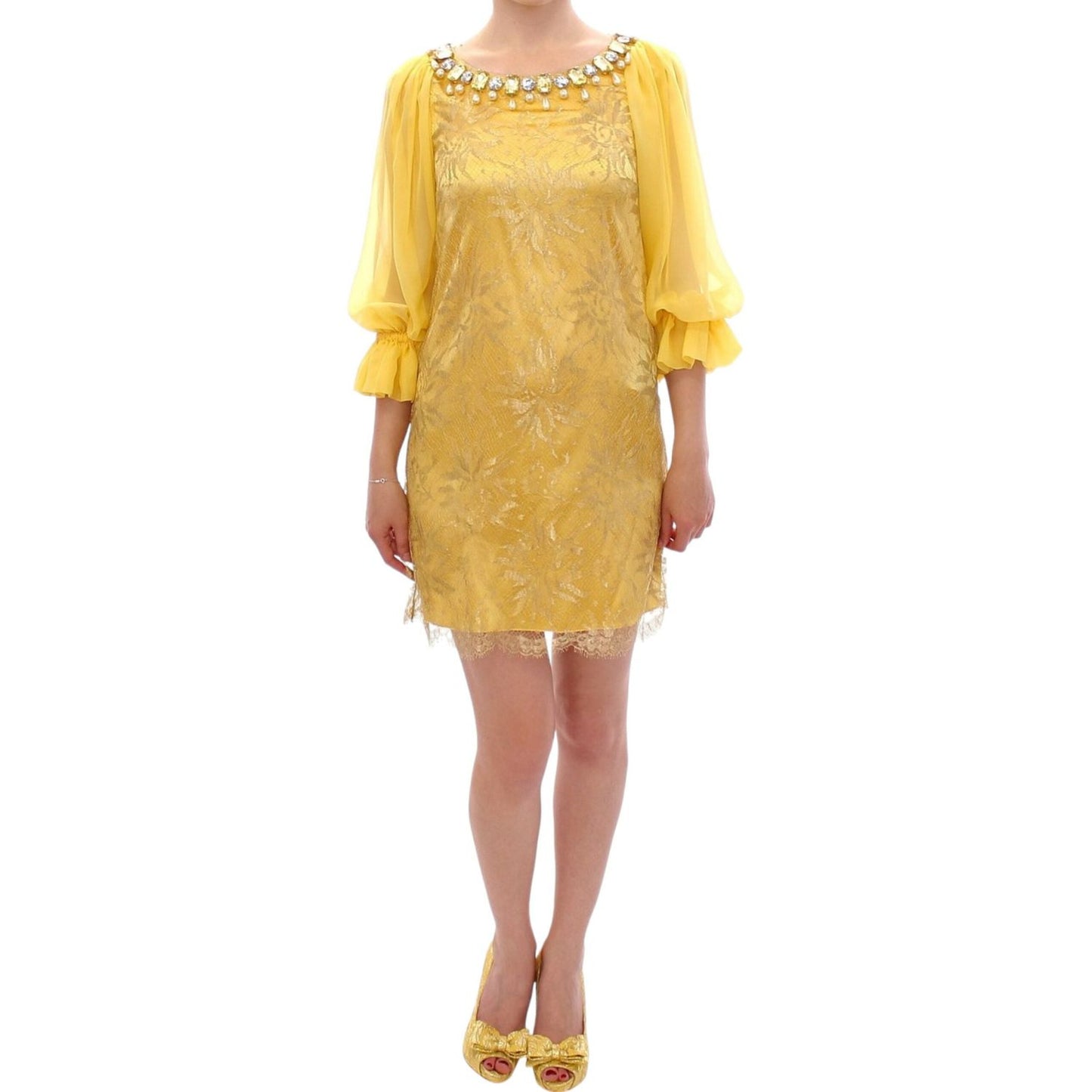 Dolce & Gabbana Yellow lace crystal mini dress GSS10005-2