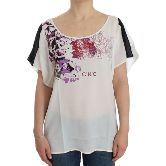 Costume National Chic White V-Neck Motive Print Tee Costume National Gray