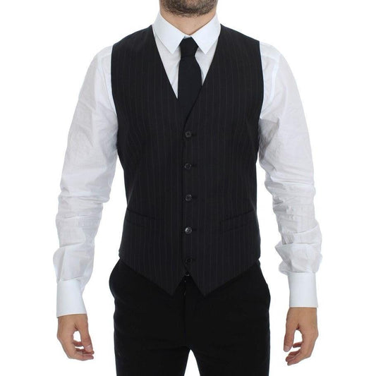 Dolce & Gabbana Chic Black Striped Wool Silk Dress Vest Dolce & Gabbana Black