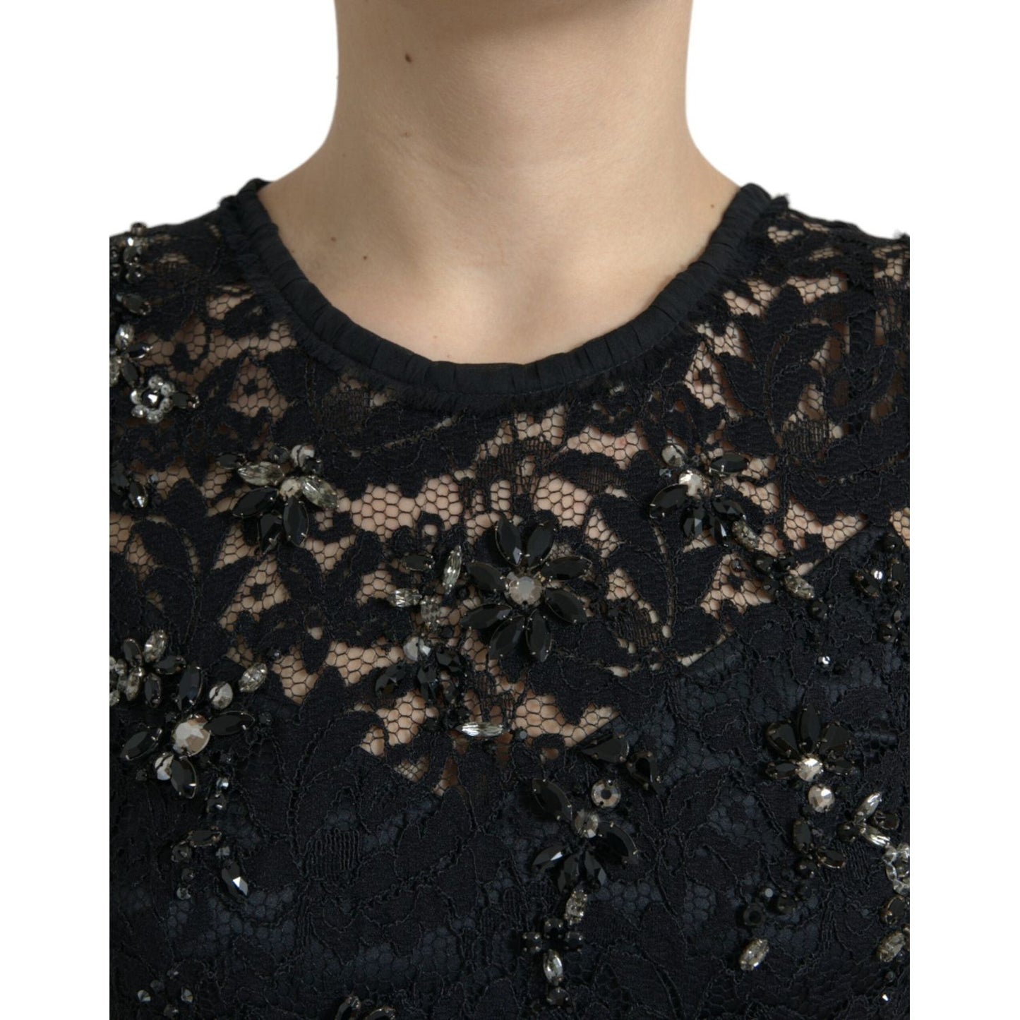 Dolce & Gabbana Black Floral Lace Crystal Sheath Dress