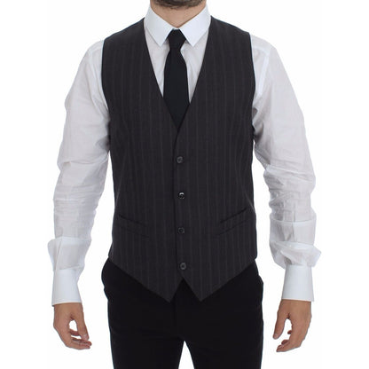Dolce & Gabbana Gray Striped Wool Logo Vest Gilet Weste