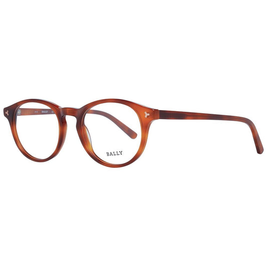 Bally Brown Unisex Glasses Frame with full-rim round design, brown plastic frame, 49-19-145 size, branded case included.
