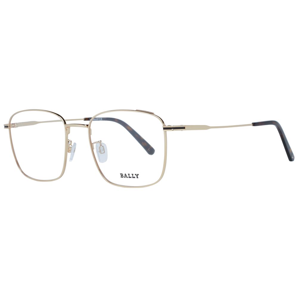Bally Gold Men Glasses Frame, metal square full-rim with demo lenses, 54 size, stylish eyewear for men, includes branded case.