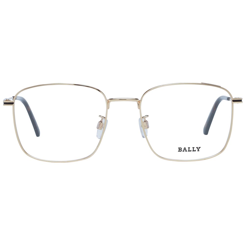 Bally Gold Men Glasses Frame with full-rim metal design, square style, demo lenses, size 54-19-145, and branded case included.
