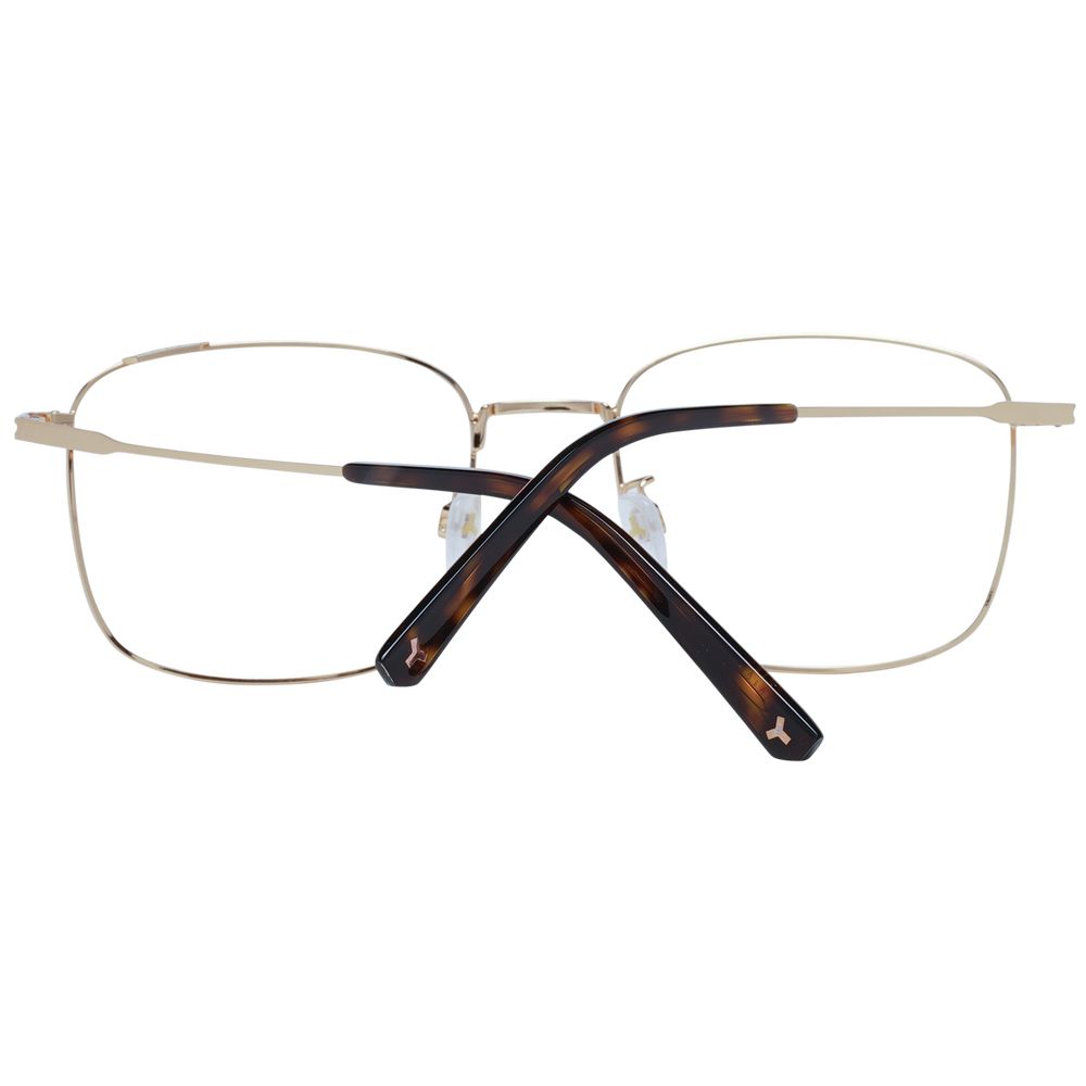 Bally Gold Men Glasses Frame, gold metal square full-rim frame with demo lenses, size 54-19-145, includes branded case.