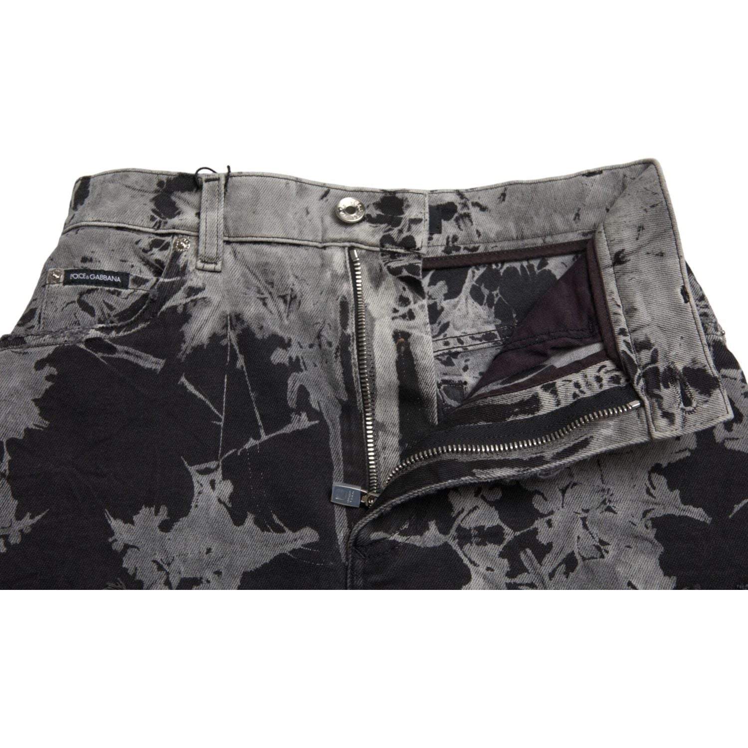 Dolce & Gabbana Black Gray Lace Cotton High Waist Denim Mini Skirt