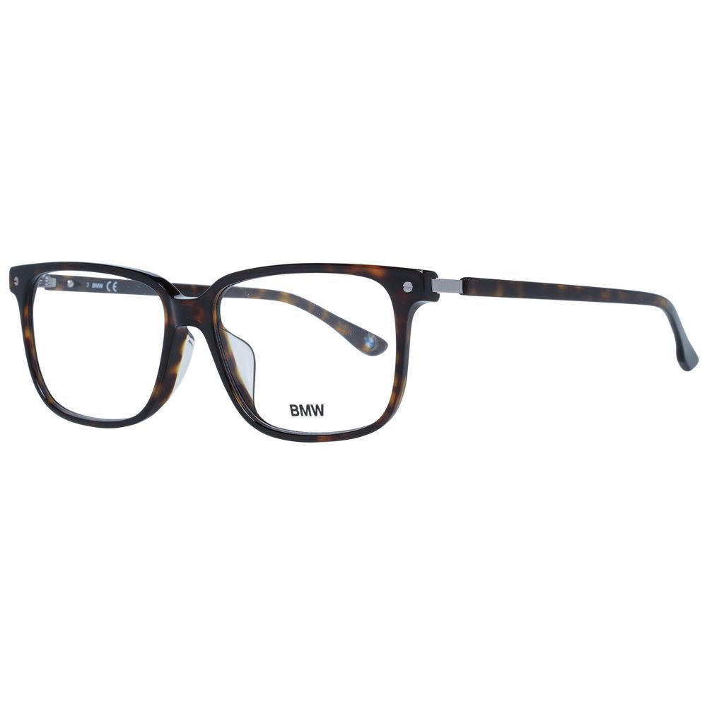 BMW Brown Men Glasses Frame with plastic full-rim and tortoiseshell design, size 56-15-145, includes branded case