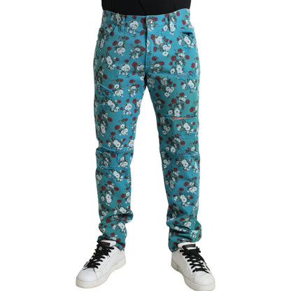 Dolce & Gabbana Blue Floral Print Skinny Cotton Denim Pants