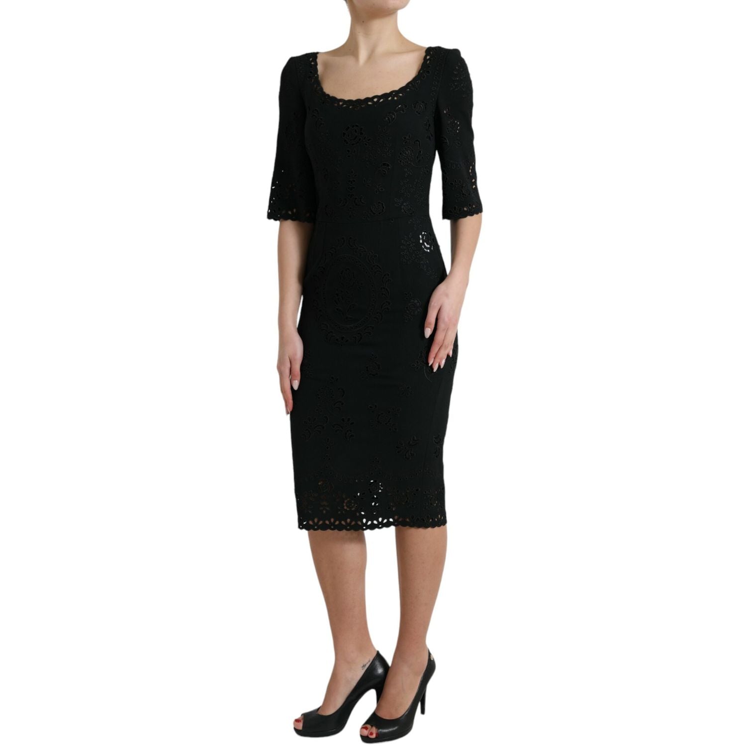 Dolce & Gabbana Black Floral Lace Viscose Bodycon Midi Dress