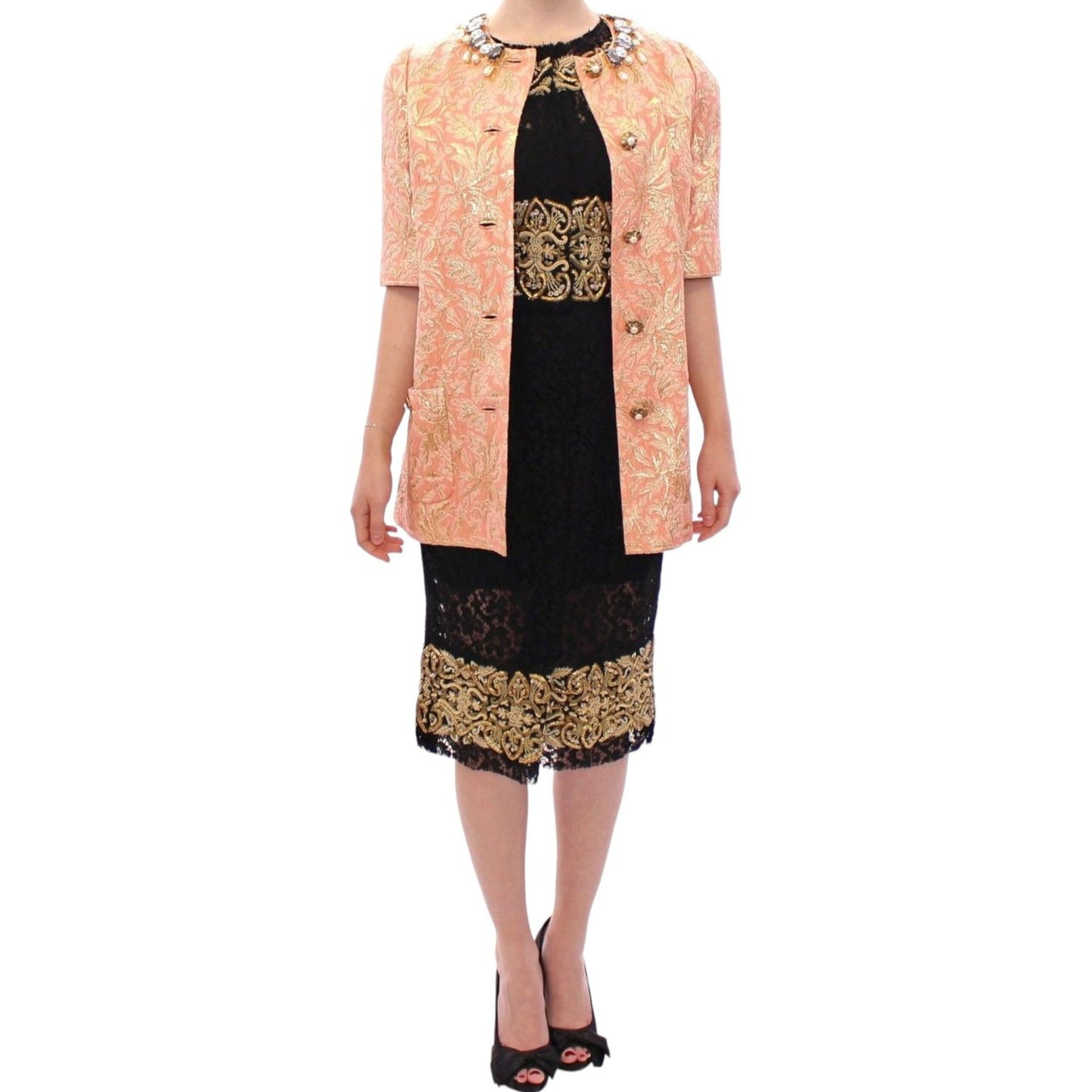 Dolce & Gabbana Pink Silk Brocade Crystal Jacket Coat