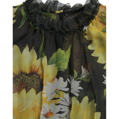Dolce & Gabbana Black Sunflower A-line Pleated Maxi Dress