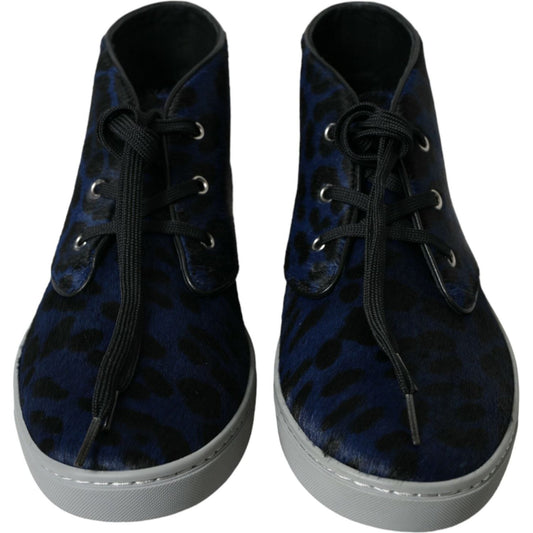 Dolce & Gabbana Blue Calfskin Leopard Mid Top Sneakers Shoes MV5435-43
