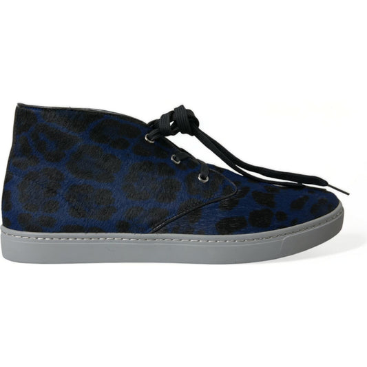 Dolce & Gabbana Blue Calfskin Leopard Mid Top Sneakers Shoes MV5435-43