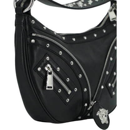 Versace Elegant Black Leather Hobo Shoulder Bag