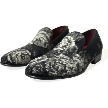 Dolce & Gabbana Black Floral Slippers Men Loafers Dress Shoes