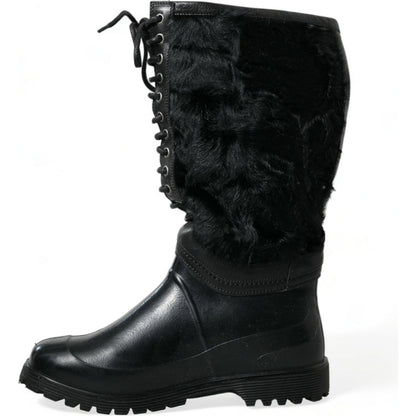 Dolce & Gabbana Black Rubber Lace Up Shearling Rain Boots Shoes