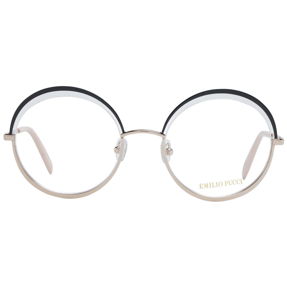 Emilio Pucci Black Women Glasses Frame in metal, half-rim style with demo lenses, round shape, includes branded case, size 53-21-140.