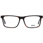 BMW Brown Men Glasses Frame in full-rim rectangular style, plastic material with demo lenses, size 55-16-150, includes branded case.
